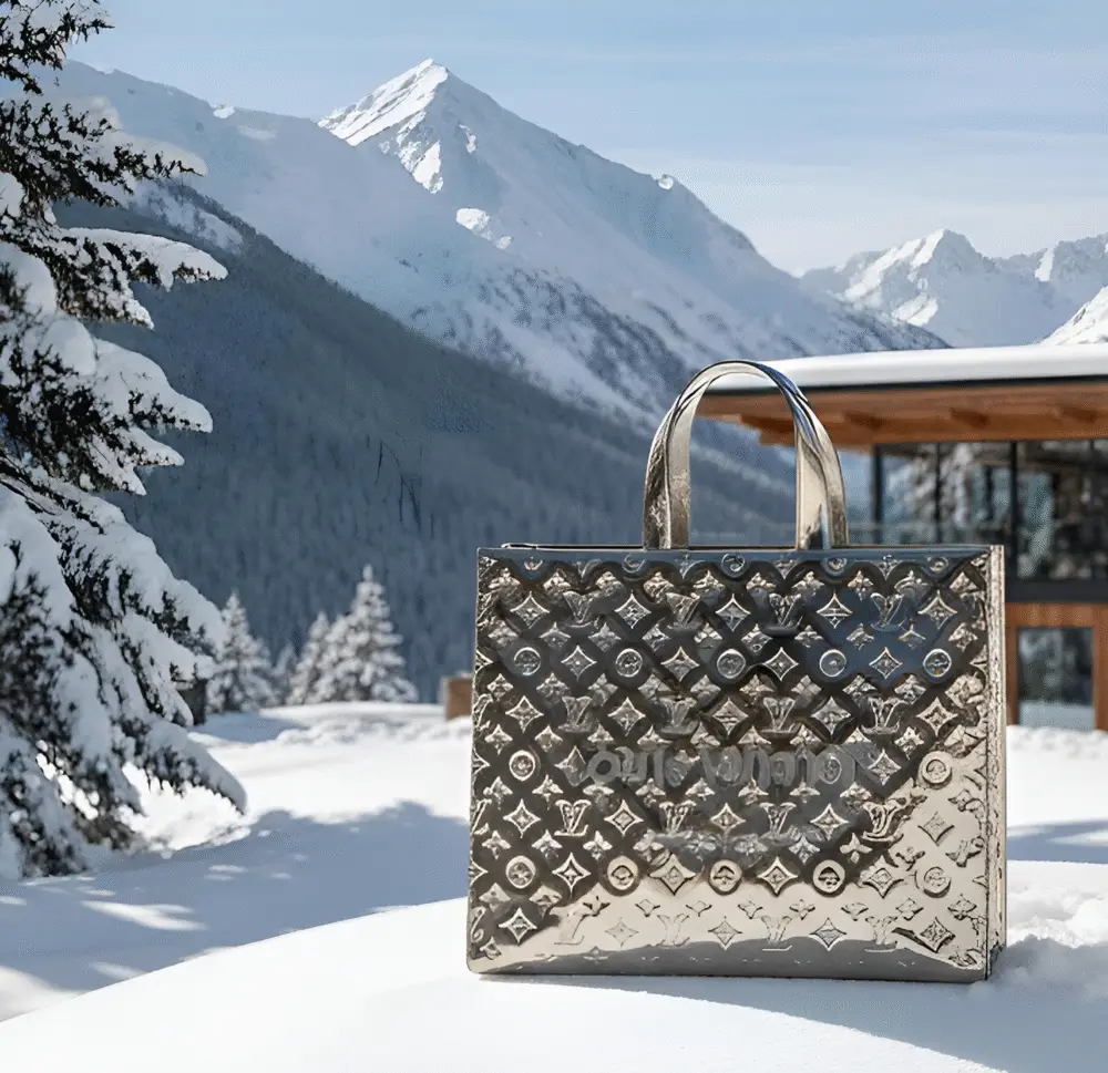 Louis Vuitton metallic silver handbag in snowy mountain setting with modern chalet in background