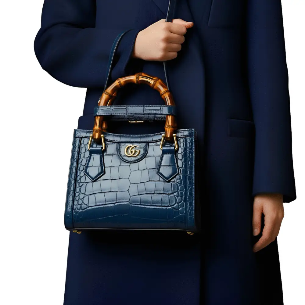 Gucci navy blue crocodile leather handbag with bamboo handle and gold logo
