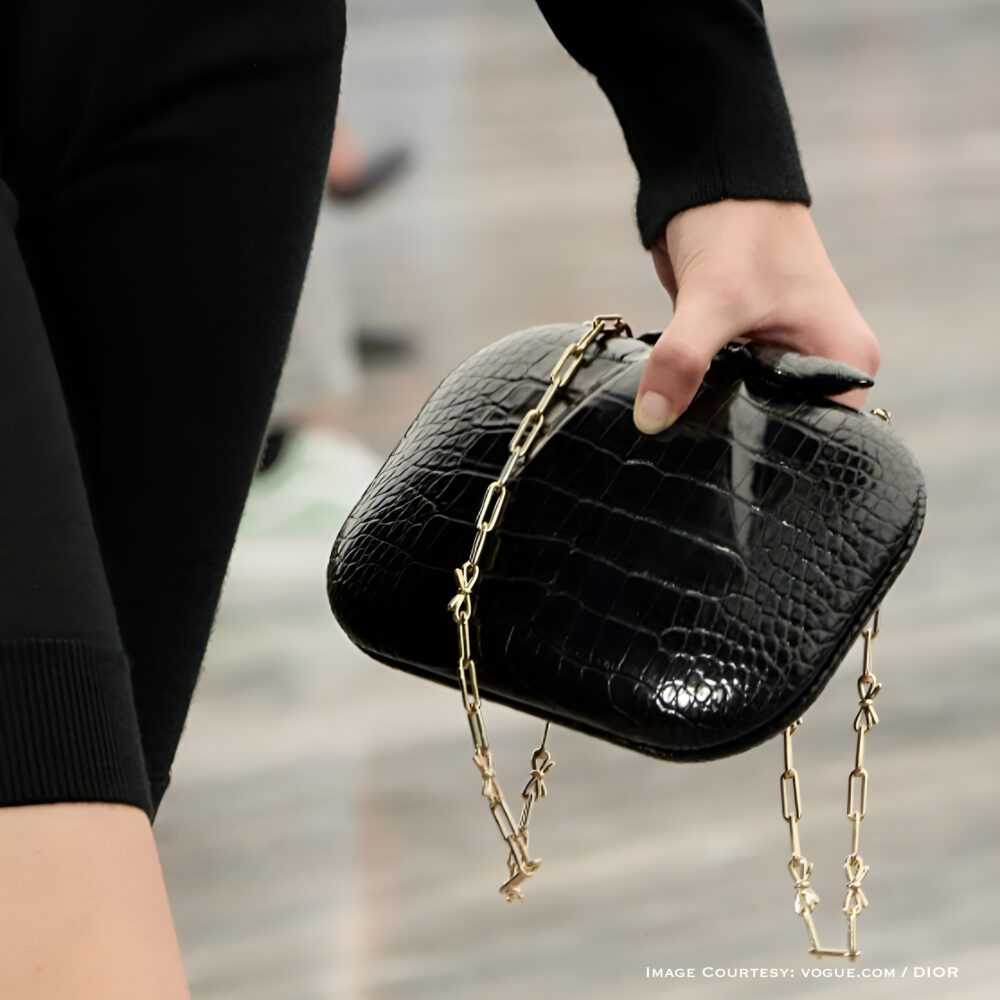 Dior black crocodile clutch gold chain strap spring summer 2026 runway