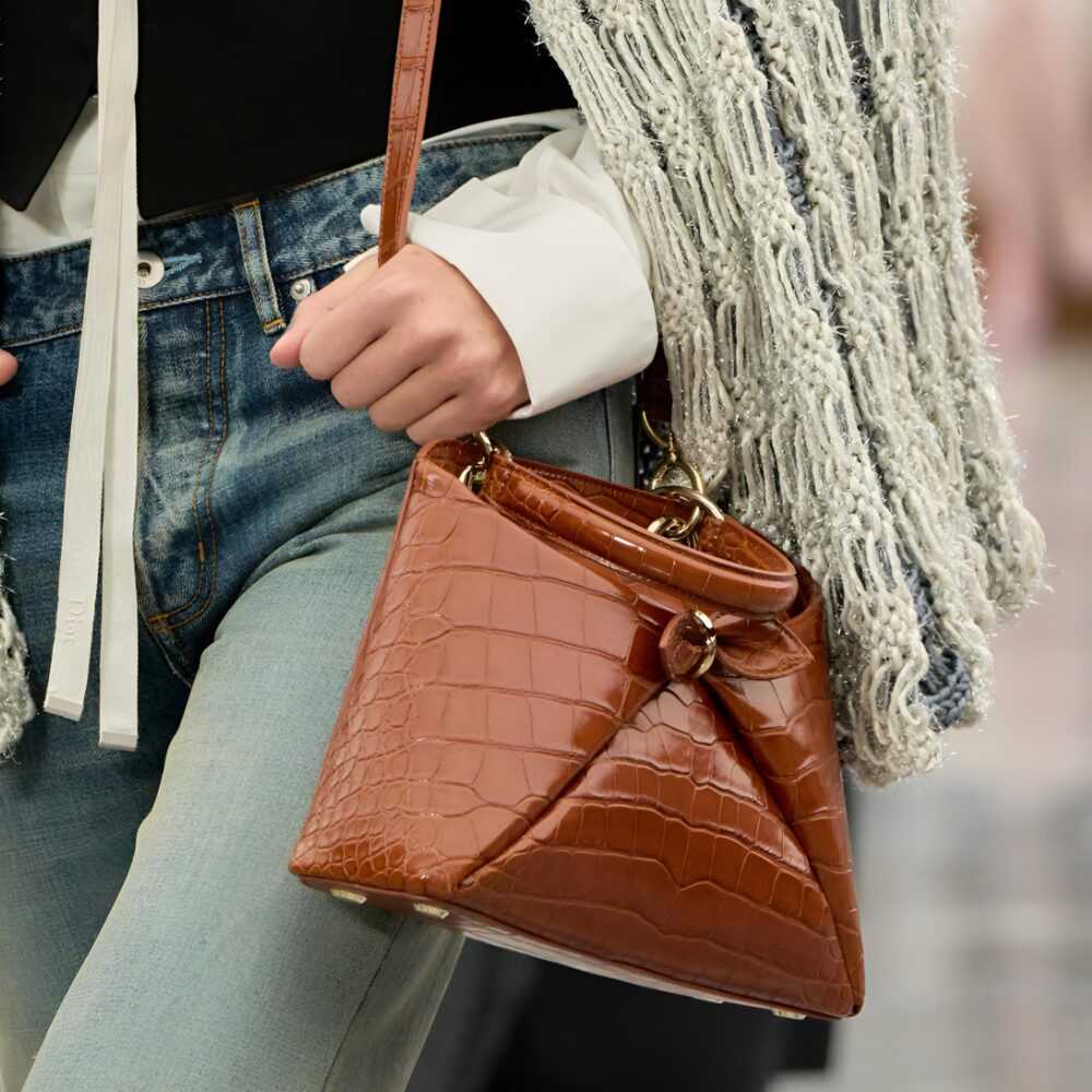 Dior Bow Bag 2026 in caramel croc leather with gold hardware