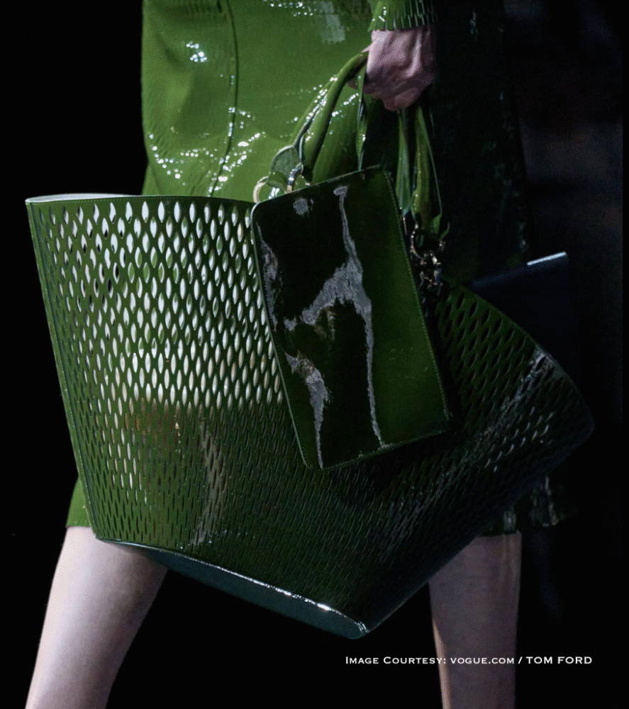 Tom Ford Gloss Tote 2026 in deep green patent leather – runway pre-order luxury handbag