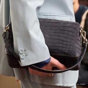 Fendi Croc Shoulder 2026 in genuine charcoal crocodile leather – luxury runway shoulder bag