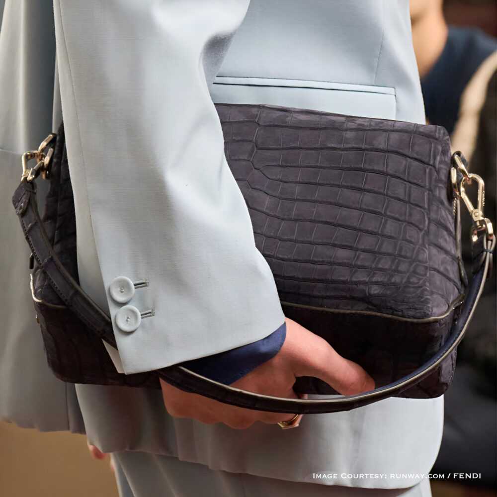 Fendi Croc Shoulder 2026 in genuine charcoal crocodile leather – luxury runway shoulder bag