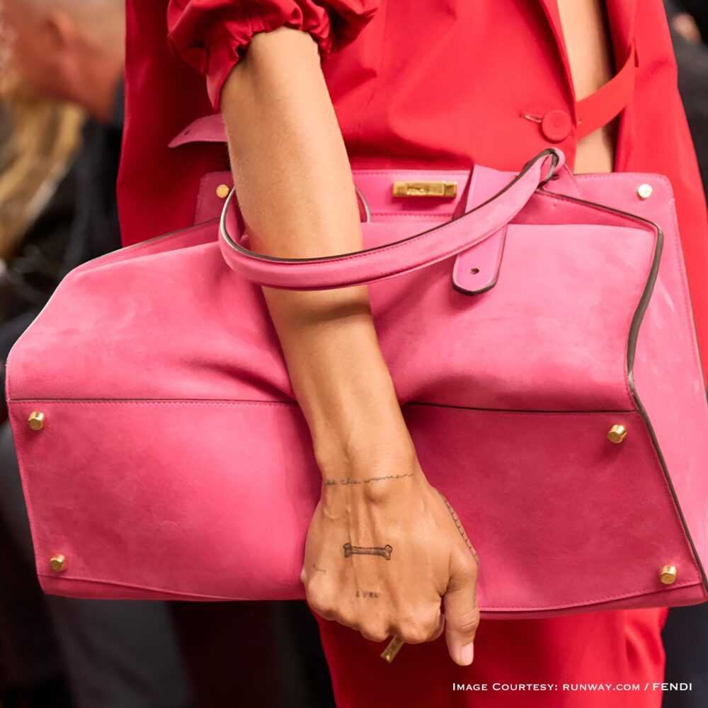 Fendi Suede Tote 2026 in fuchsia suede with gold hardware – runway pre-order luxury bag