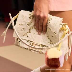 Fendi Floral Croc Baguette 2026 in ivory crocodile leather with floral appliqué – runway handbag