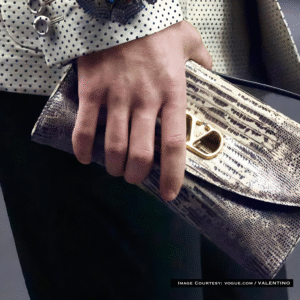 Valentino VLogo metallic lizard-embossed clutch with gold logo clasp – So Wow Bag pre-order 2026