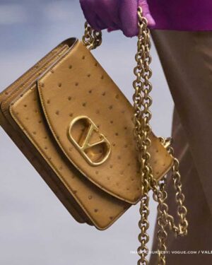 Valentino VLogo camel brown ostrich-embossed leather handbag with gold chain and logo clasp