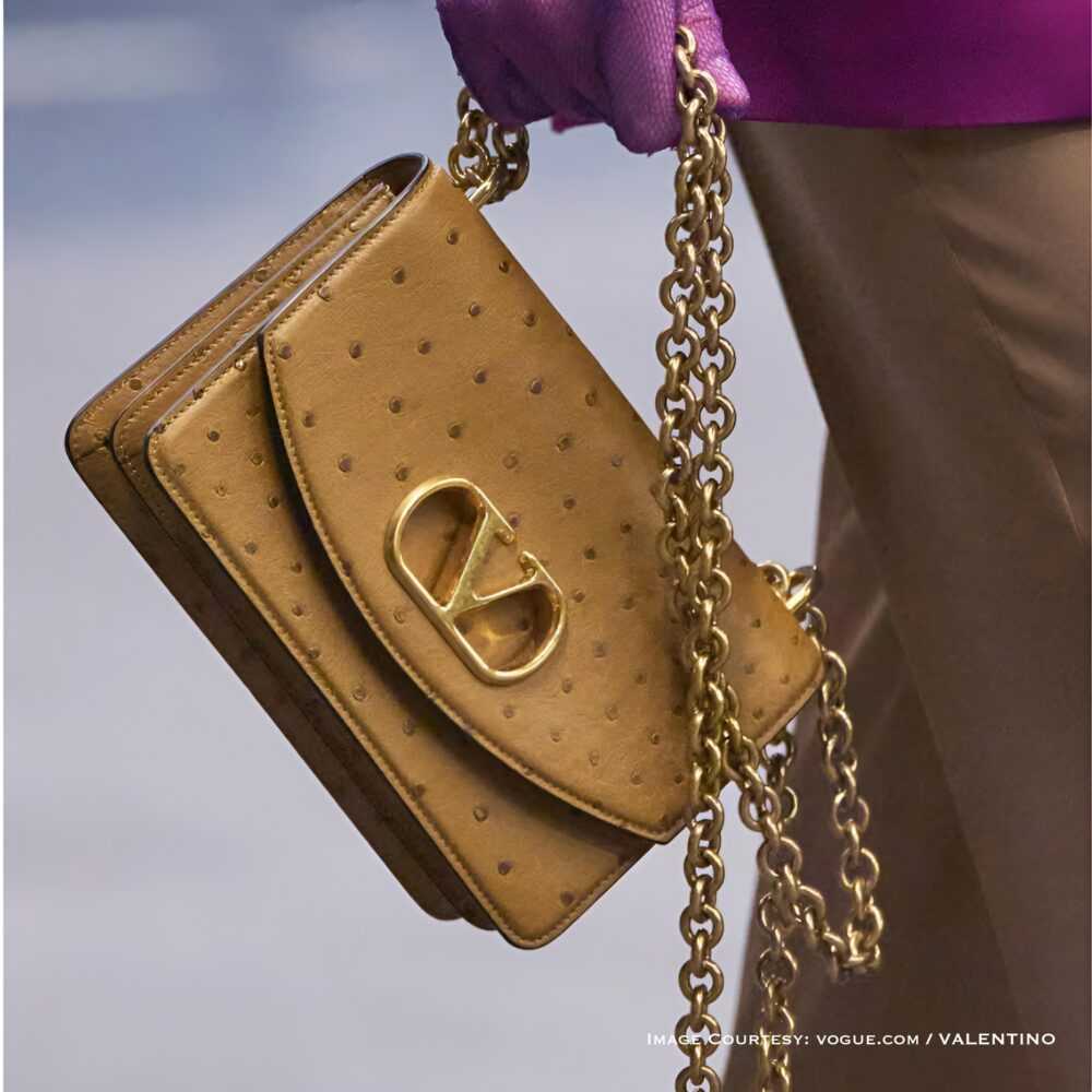 Valentino VLogo camel brown ostrich-embossed leather handbag with gold chain and logo clasp