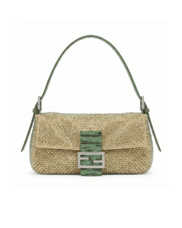 Fendi Runway Fall Winter 2026 Baguette with metallic woven body and green exotic leather strap
