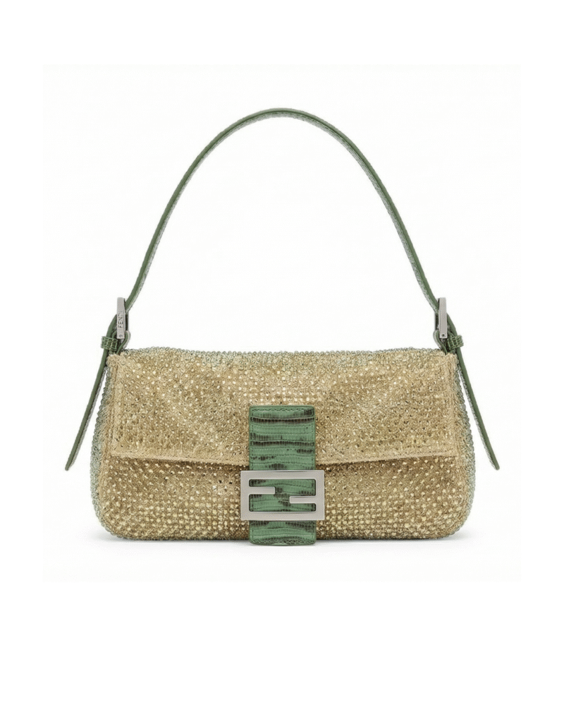Fendi Runway Fall Winter 2026 Baguette with metallic woven body and green exotic leather strap