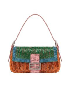 Fendi Runway Fall Winter 2026 Baguette in multicolor textile with pink leather strap and signature FF buckle