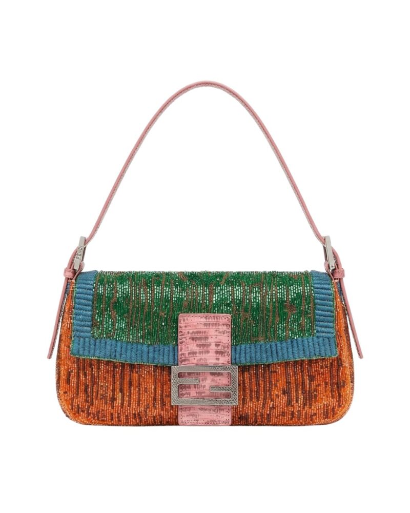 Fendi Runway Fall Winter 2026 Baguette in multicolor textile with pink leather strap and signature FF buckle