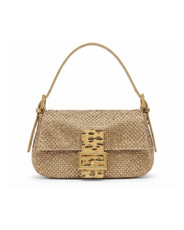 Fendi Runway Fall Winter 2026 Baguette in gold crystal embellishment with exotic leather FF clasp