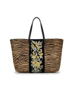 Fendi Runway Fall Winter 2026 zebra tote with central floral embroidery panel