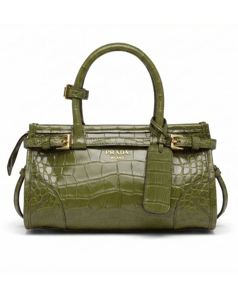 Prada Crocodile Leather Bag in olive green with gold hardware and belt detail