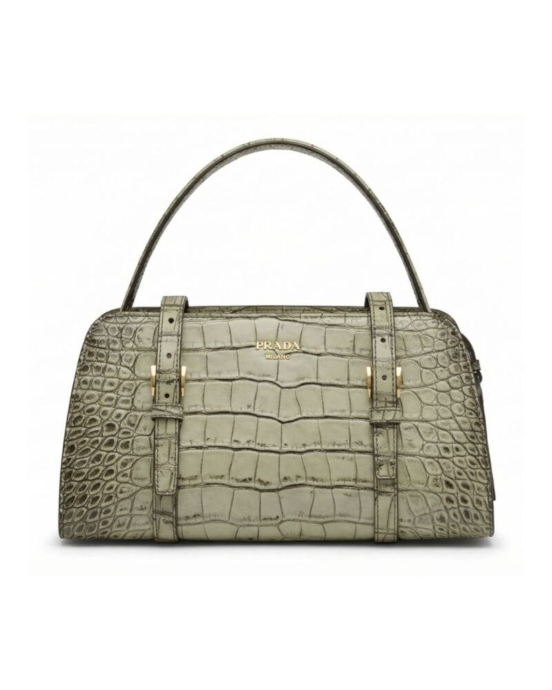 Prada genuine crocodile leather top handle bag in sage green with gold hardware