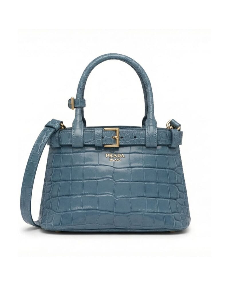 Prada Genuine Crocodile Leather Bag in blue with gold hardware and belt strap detail