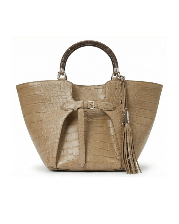 Burberry Fall Winter 2026 runway alligator handbag in structured exotic leather with tassel detail