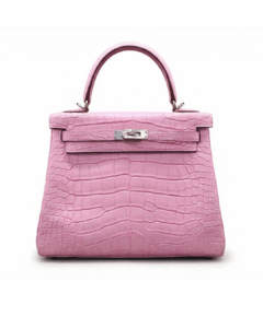 Authentic Hermès Kelly pink crocodile leather handbag with structured top handle and silver hardware