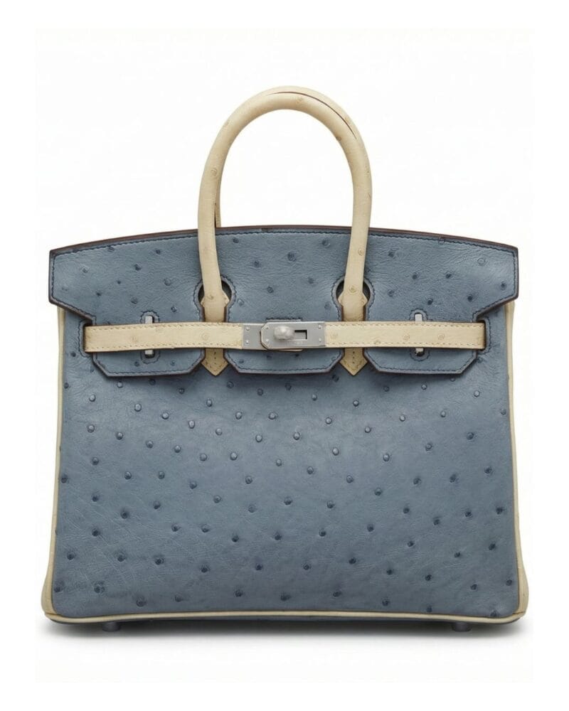 Hermès Birkin 25 Blue Ostrich with Cream Handles and Palladium Hardware