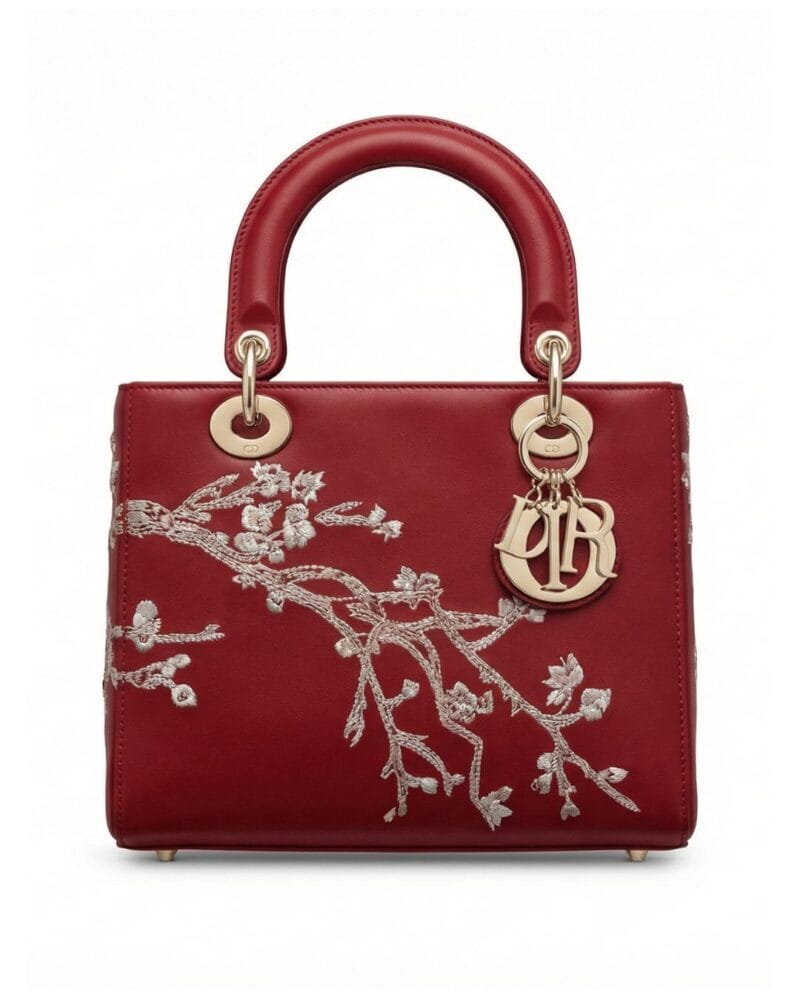 Dior Limited Edition Lady Dior Red Embroidered Top Handle Bag