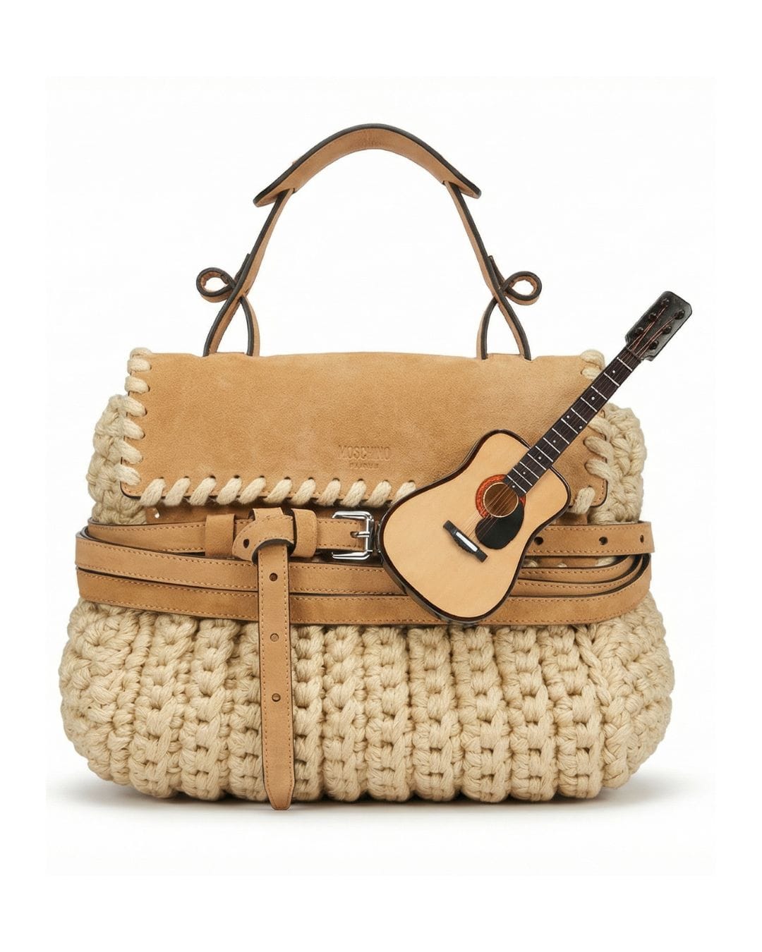 Moschino Runway Fall Winter 2026 woven bag with leather belt detail and miniature guitar accent