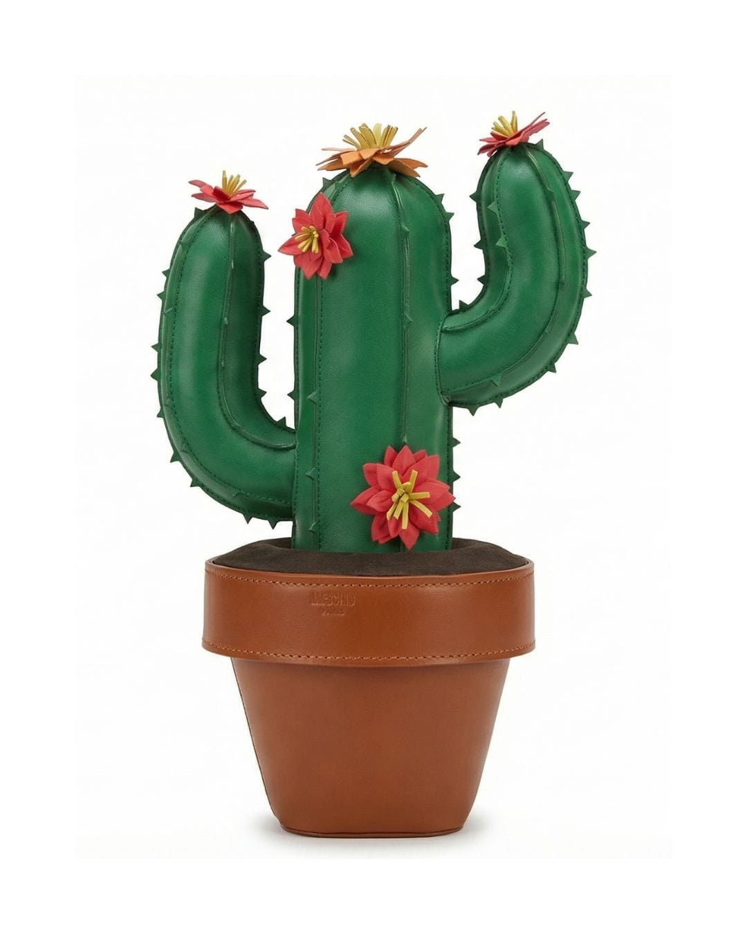 Moschino Runway Fall Winter 2026 cactus shaped bag in green leather with floral appliqué and pot base