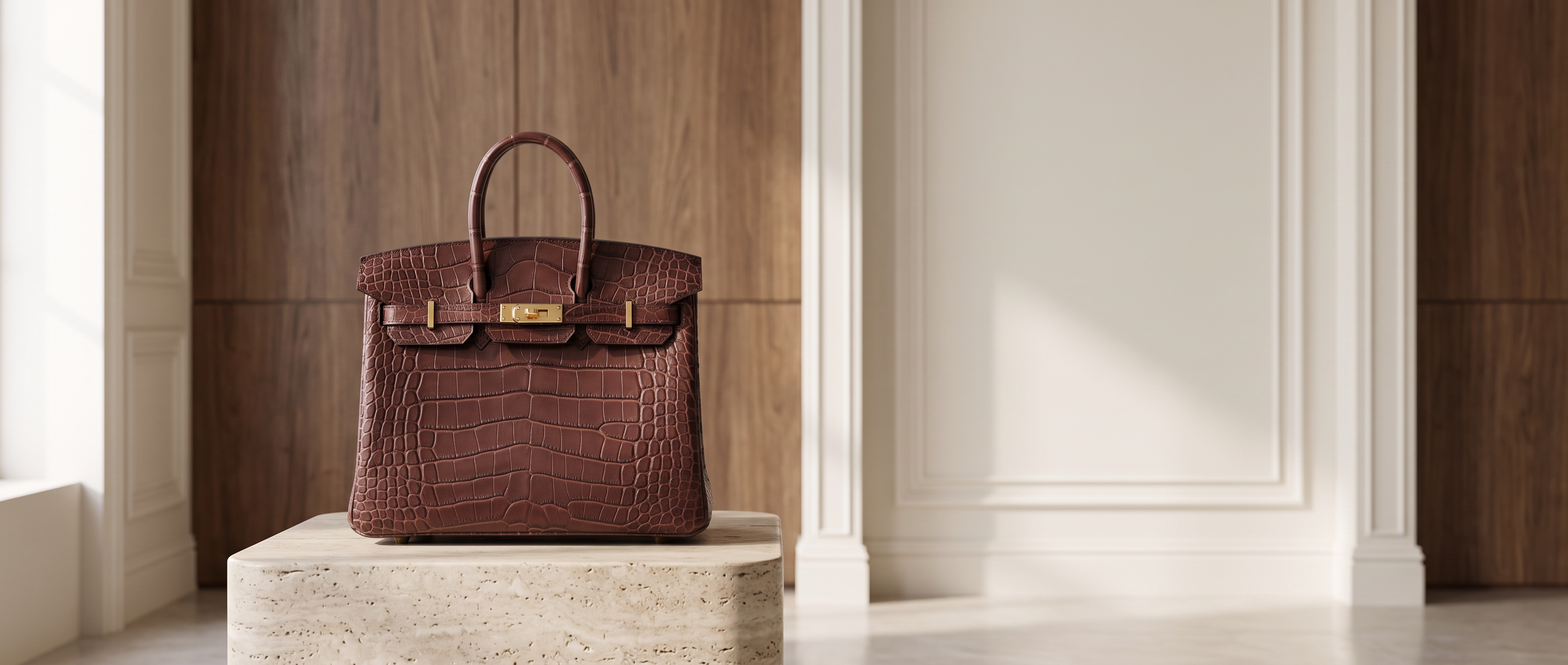 Brown crocodile leather luxury handbag in an elegant architectural interior