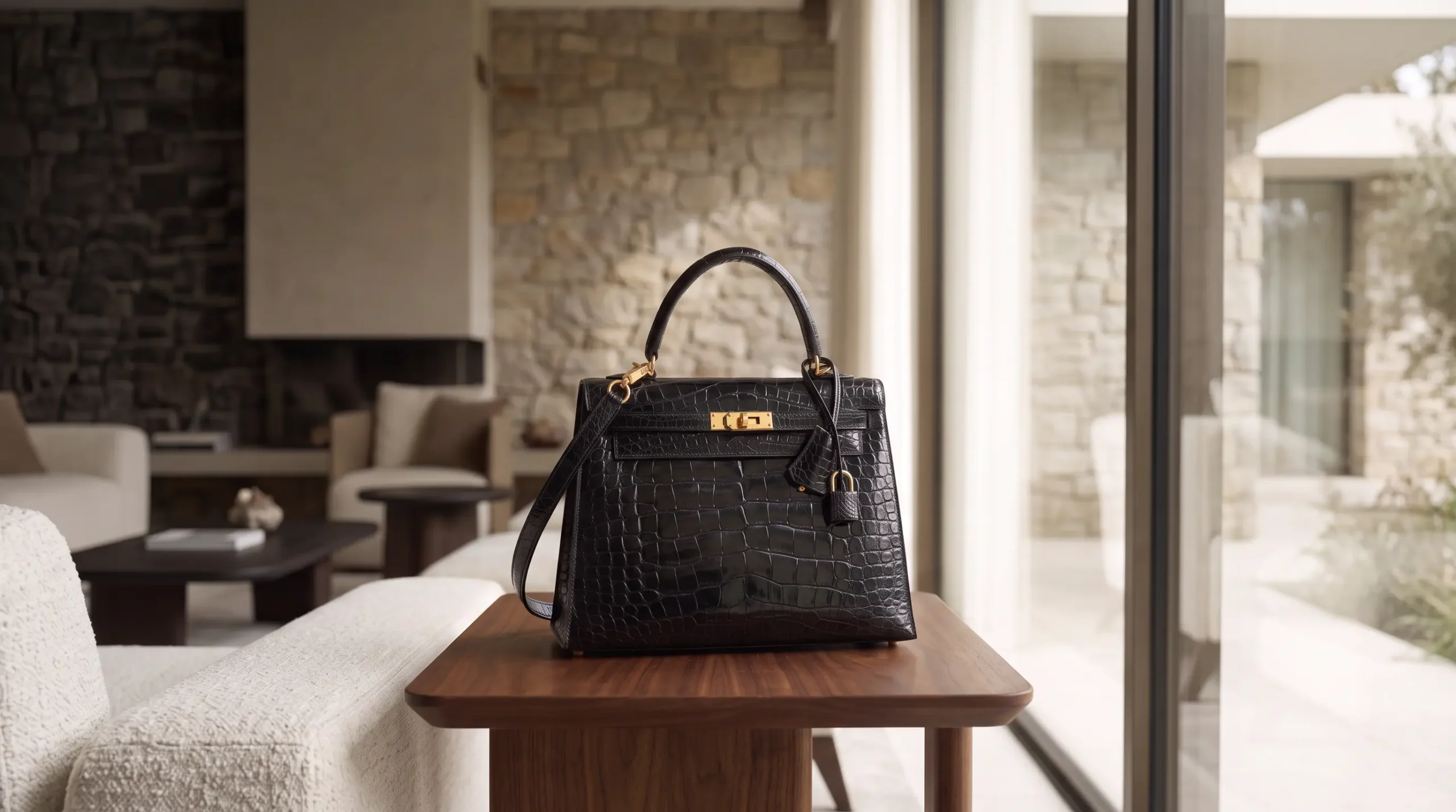 Black crocodile leather handbag presented in a refined private interior